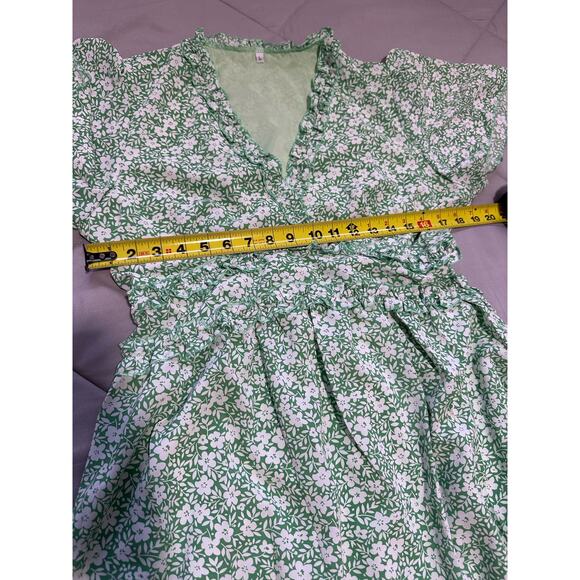Women V Neck Ruffle Short Sleeve Floral Print Midi Dress Green Large - Picture 4 of 8
